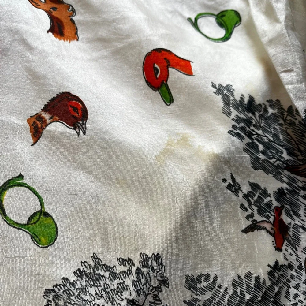 Vintage Hunting Equestrian Silk Scarf Blue Border Fox Hunt Birds Deer 31x34